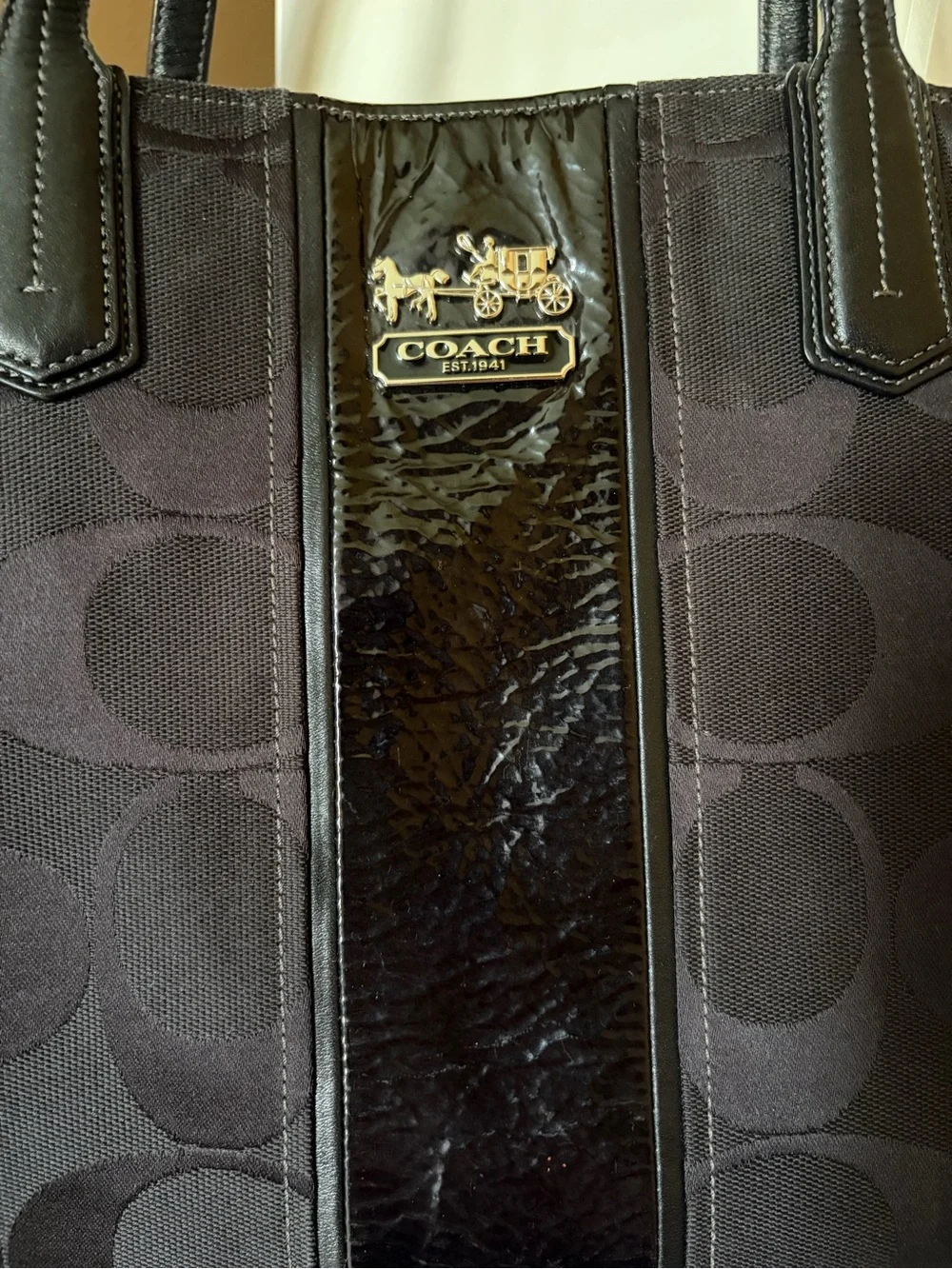 Coach Black Signature Tote with Patent Trim